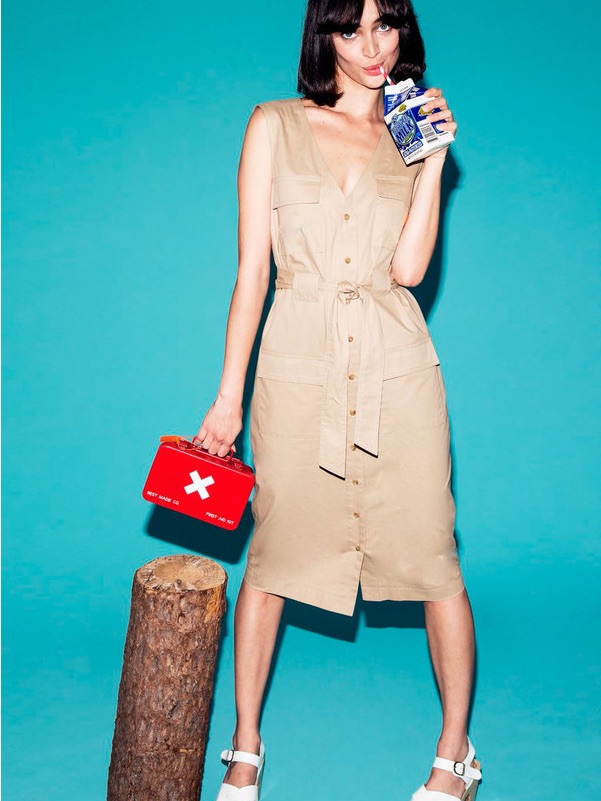 Rachel Antonoff Sleeveless Khaki Button-Front Tie-Waist Midi Dress